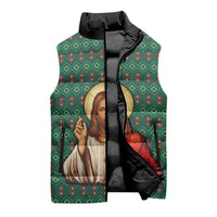 Sacred Heart Jesus Christmas Sleeveless Puffer Jacket with Festive Green Knit Pattern - Wonder Print Shop