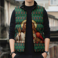 Sacred Heart Jesus Christmas Sleeveless Puffer Jacket with Festive Green Knit Pattern - Wonder Print Shop