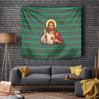Sacred Heart Jesus Christmas Tapestry with Festive Green Knit Pattern - Wonder Print Shop