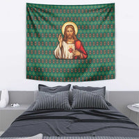 Sacred Heart Jesus Christmas Tapestry with Festive Green Knit Pattern - Wonder Print Shop