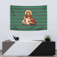 Sacred Heart Jesus Christmas Tapestry with Festive Green Knit Pattern - Wonder Print Shop