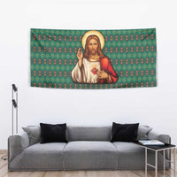 Sacred Heart Jesus Christmas Tapestry with Festive Green Knit Pattern - Wonder Print Shop