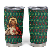 Sacred Heart Jesus Christmas Tumbler Cup with Festive Green Knit Pattern - Wonder Print Shop