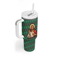 Sacred Heart Jesus Christmas Tumbler With Handle with Festive Green Knit Pattern - Wonder Print Shop