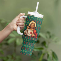 Sacred Heart Jesus Christmas Tumbler With Handle with Festive Green Knit Pattern - Wonder Print Shop