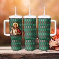 Sacred Heart Jesus Christmas Tumbler With Handle with Festive Green Knit Pattern - Wonder Print Shop
