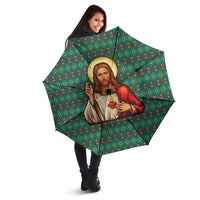 Sacred Heart Jesus Christmas Umbrella with Festive Green Knit Pattern - Wonder Print Shop
