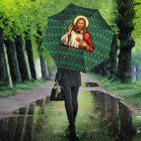 Sacred Heart Jesus Christmas Umbrella with Festive Green Knit Pattern - Wonder Print Shop