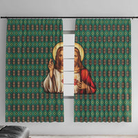 Sacred Heart Jesus Christmas Window Curtain with Festive Green Knit Pattern - Wonder Print Shop