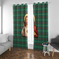 Sacred Heart Jesus Christmas Window Curtain with Festive Green Knit Pattern - Wonder Print Shop