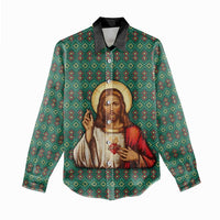 Sacred Heart Jesus Christmas Women Casual Shirt with Festive Green Knit Pattern - Wonder Print Shop