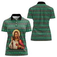 Sacred Heart Jesus Christmas Women Polo Shirt with Festive Green Knit Pattern - Wonder Print Shop