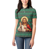Sacred Heart Jesus Christmas Women Polo Shirt with Festive Green Knit Pattern - Wonder Print Shop