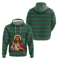 Sacred Heart Jesus Christmas Zip Hoodie with Festive Green Knit Pattern - Wonder Print Shop