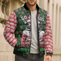 Go Jesus It's Your Birthday Christmas Bomber Puffer Jacket with Presents and Festive Pattern - Wonder Print Shop