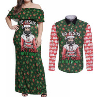 Go Jesus It's Your Birthday Christmas Couples Matching Off Shoulder Maxi Dress and Long Sleeve Button Shirt with Presents and Festive Pattern - Wonder Print Shop