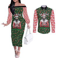 Go Jesus It's Your Birthday Christmas Couples Matching Off The Shoulder Long Sleeve Dress and Long Sleeve Button Shirt with Presents and Festive Pattern - Wonder Print Shop