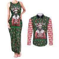 Go Jesus It's Your Birthday Christmas Couples Matching Tank Maxi Dress and Long Sleeve Button Shirt with Presents and Festive Pattern - Wonder Print Shop