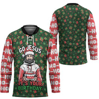 Go Jesus It's Your Birthday Christmas Hockey Jersey with Presents and Festive Pattern - Wonder Print Shop