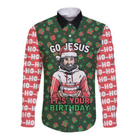 Go Jesus It's Your Birthday Christmas Long Sleeve Button Shirt with Presents and Festive Pattern - Wonder Print Shop