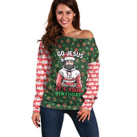 Go Jesus It's Your Birthday Christmas Off Shoulder Sweater with Presents and Festive Pattern - Wonder Print Shop