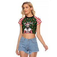 Go Jesus It's Your Birthday Christmas Raglan Cropped T Shirt with Presents and Festive Pattern - Wonder Print Shop