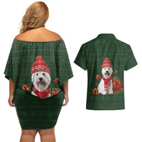 West Highland White Terrier Christmas Couples Matching Off Shoulder Short Dress and Hawaiian Shirt Xmas Holiday Patterns - Wonder Print Shop