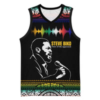 Steve Biko Basketball Jersey with Microphone Portrait, Black Consciousness Quote and Vibrant Ethnic Wave - Wonder Print Shop