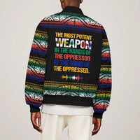 Steve Biko Bomber Jacket with Microphone Portrait, Black Consciousness Quote and Vibrant Ethnic Wave - Wonder Print Shop