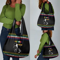 Steve Biko Grocery Bag with Microphone Portrait, Black Consciousness Quote and Vibrant Ethnic Wave - Wonder Print Shop