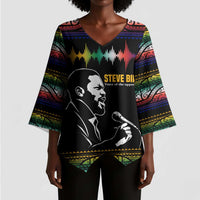 Steve Biko Kimono Sleeve Blouse with Microphone Portrait, Black Consciousness Quote and Vibrant Ethnic Wave - Wonder Print Shop