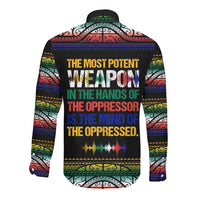 Steve Biko Long Sleeve Button Shirt with Microphone Portrait, Black Consciousness Quote and Vibrant Ethnic Wave - Wonder Print Shop