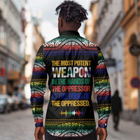 Steve Biko Long Sleeve Button Shirt with Microphone Portrait, Black Consciousness Quote and Vibrant Ethnic Wave - Wonder Print Shop