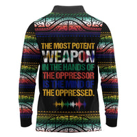 Steve Biko Long Sleeve Polo Shirt with Microphone Portrait, Black Consciousness Quote and Vibrant Ethnic Wave - Wonder Print Shop