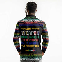 Steve Biko Long Sleeve Polo Shirt with Microphone Portrait, Black Consciousness Quote and Vibrant Ethnic Wave - Wonder Print Shop