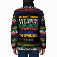 Steve Biko Padded Jacket with Microphone Portrait, Black Consciousness Quote and Vibrant Ethnic Wave - Wonder Print Shop