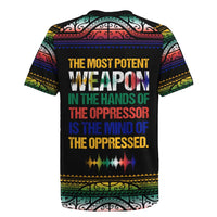 Steve Biko Rugby Jersey with Microphone Portrait, Black Consciousness Quote and Vibrant Ethnic Wave - Wonder Print Shop