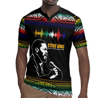 Steve Biko Rugby Jersey with Microphone Portrait, Black Consciousness Quote and Vibrant Ethnic Wave - Wonder Print Shop