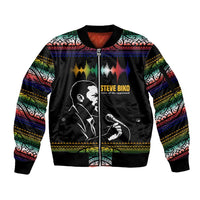 Steve Biko Sleeve Zip Bomber Jacket with Microphone Portrait, Black Consciousness Quote and Vibrant Ethnic Wave - Wonder Print Shop
