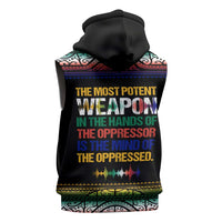 Steve Biko Sleeveless Hoodie with Microphone Portrait, Black Consciousness Quote and Vibrant Ethnic Wave - Wonder Print Shop