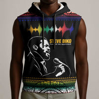 Steve Biko Sleeveless Hoodie with Microphone Portrait, Black Consciousness Quote and Vibrant Ethnic Wave - Wonder Print Shop