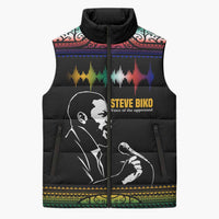 Steve Biko Sleeveless Puffer Jacket with Microphone Portrait, Black Consciousness Quote and Vibrant Ethnic Wave - Wonder Print Shop