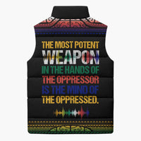 Steve Biko Sleeveless Puffer Jacket with Microphone Portrait, Black Consciousness Quote and Vibrant Ethnic Wave - Wonder Print Shop