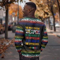 Steve Biko Sweatshirt with Microphone Portrait, Black Consciousness Quote and Vibrant Ethnic Wave - Wonder Print Shop