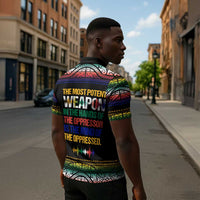Steve Biko Zipper Polo Shirt with Microphone Portrait, Black Consciousness Quote and Vibrant Ethnic Wave - Wonder Print Shop