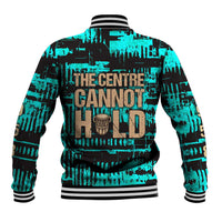 Chinua Achebe Baseball Jacket with Tribal Mask Design, Things Fall Apart Quote and Teal Abstract - Wonder Print Shop