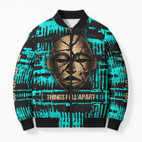 Chinua Achebe Bomber Puffer Jacket with Tribal Mask Design, Things Fall Apart Quote and Teal Abstract - Wonder Print Shop