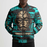 Chinua Achebe Bomber Puffer Jacket with Tribal Mask Design, Things Fall Apart Quote and Teal Abstract - Wonder Print Shop