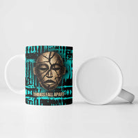 Chinua Achebe Ceramic Mug with Tribal Mask Design, Things Fall Apart Quote and Teal Abstract - Wonder Print Shop
