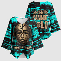 Chinua Achebe Kimono Sleeve Blouse with Tribal Mask Design, Things Fall Apart Quote and Teal Abstract - Wonder Print Shop